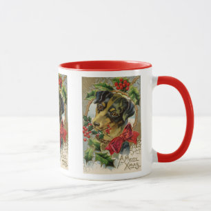 Tasse Noël vintage, chiot teckel avec houx