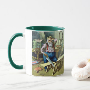 Tasse Noël vintage, le Père Noël construisant des jouets