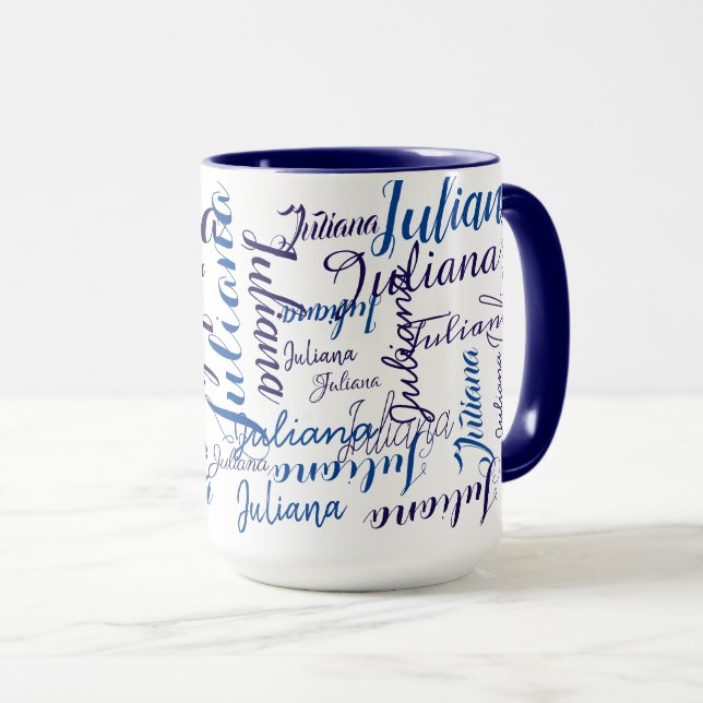 Tasse noms manuscrits modernes motif sur bleu (Devant droit)