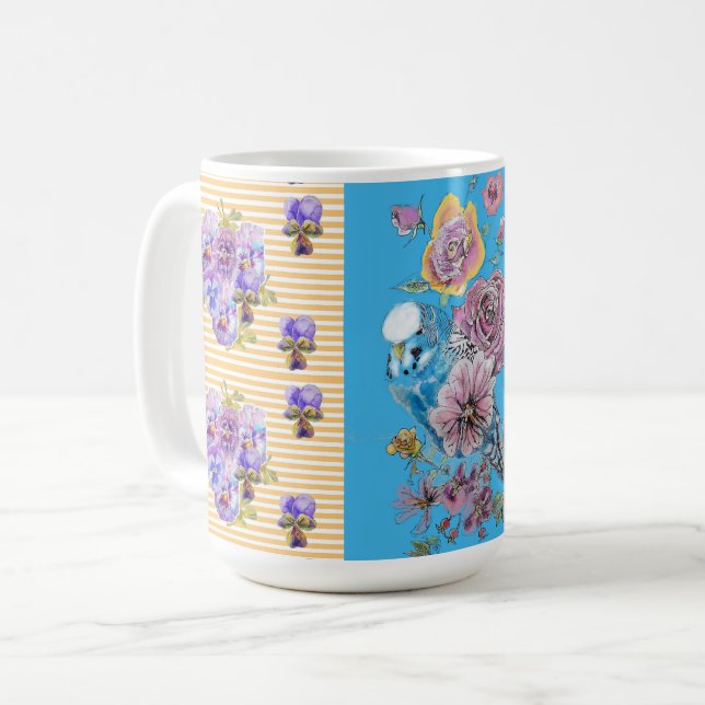 Tasse oiseaux floraux Budgie rose bleu peints à la (Devant gauche)