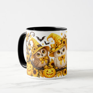 Tasse Owls d'Halloween jaunes citrouilles & tourne
