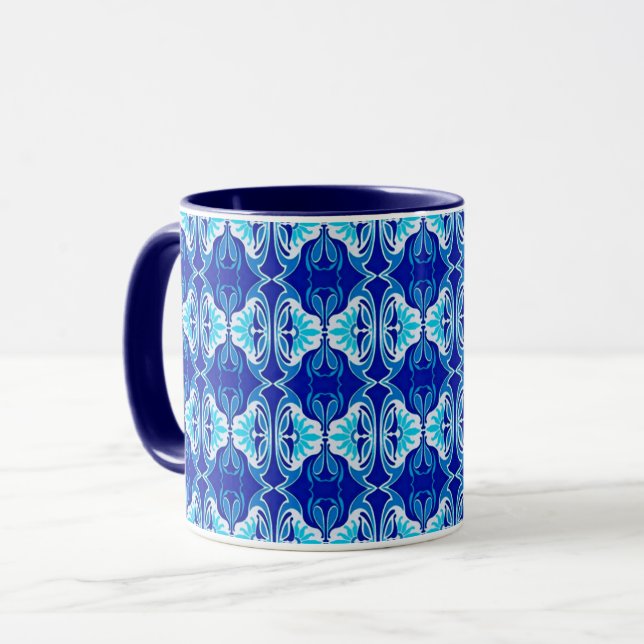 Tasse Papier peint Art Déco motif - bleu cobalt et blanc (Devant gauche)