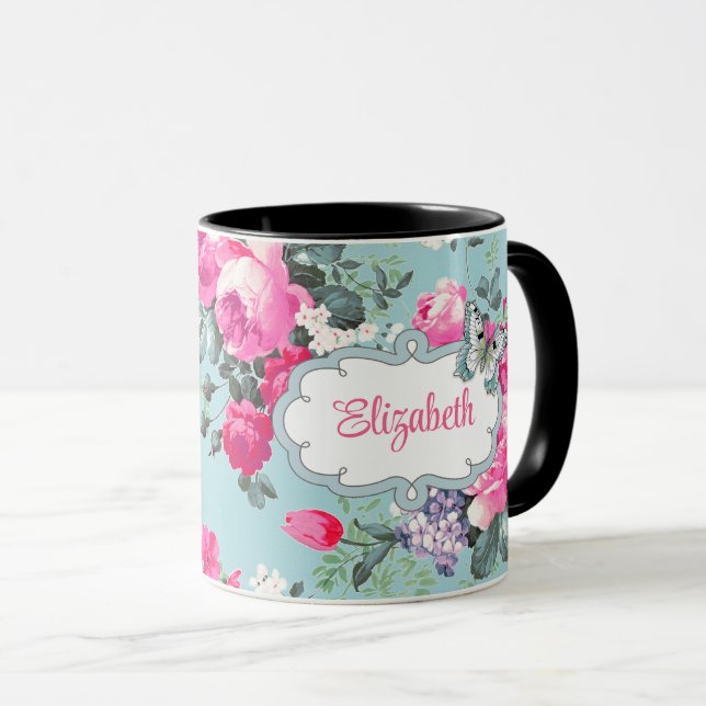 Tasse Papillon et Rose | Nom personnalisé Fête des mères (Devant droit)