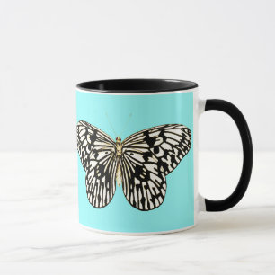 Tasse Papillon noir et blanc, arrière - plan turquoise