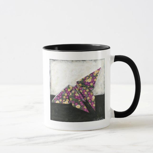 Tasse Papillon Origami sur papier floral (Droite)