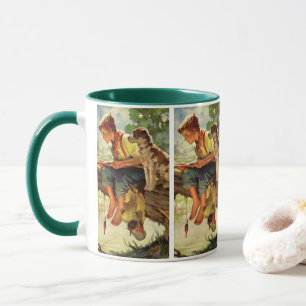 Tasse Pêche vintage, Garçon avec son chiot et vers