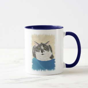 Tasse Peinture de chat smoking sur couverture bleue, tas