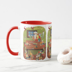 Tasse Père Noël vintage avec des lutins dans l'atelier d
