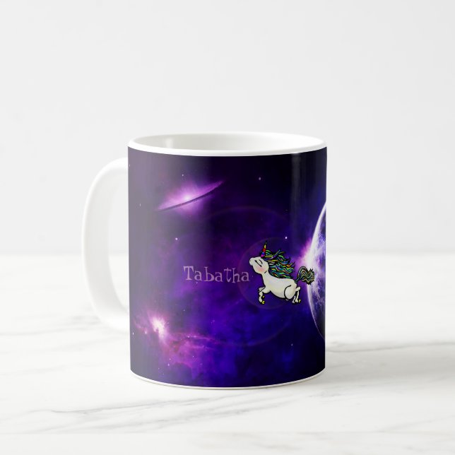 Tasse personnalisée de nom de licorne de l'espace (Devant gauche)