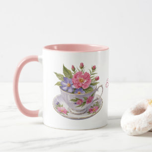 Tasse personnalisée fleurs roses violettes