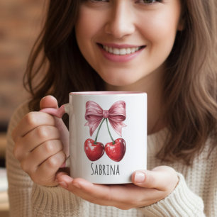 Tasse personnalisée "Sabrina" Cerise et Nœud Rose 
