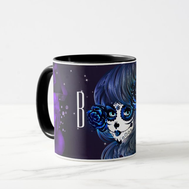Tasse Purple Bleu Rose Sugar Skull Girl Personnalisé (Devant gauche)