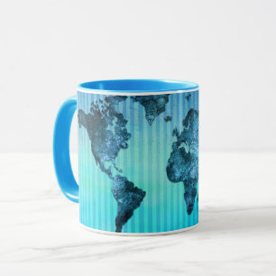 Tasse Rayures bleues au néon de la carte du monde
