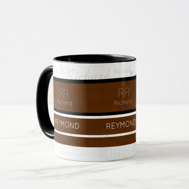 Tasse rayures brunes modernes avec nom masculin (Devant gauche)