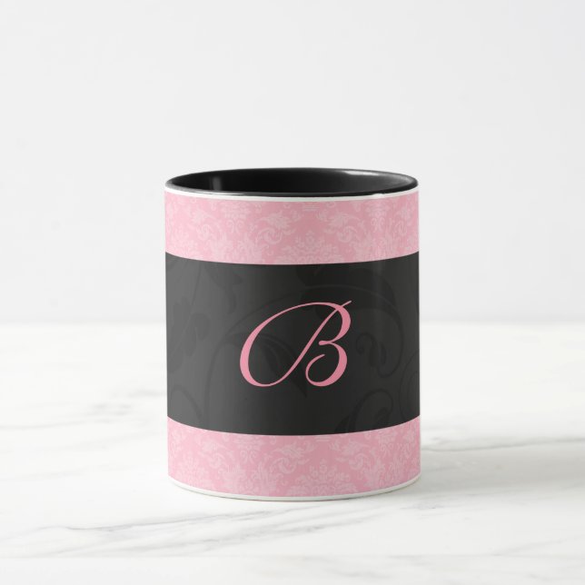 Tasse Rose et noir Monogramme Feminine Damask (Centre)