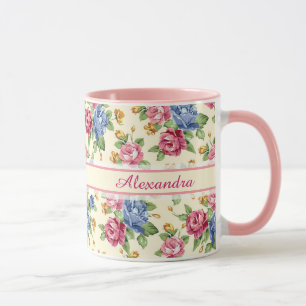 Tasse Rose romantique en pastel de fleur, rouge, nom