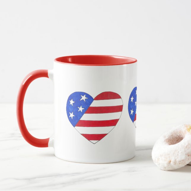 Tasse Rouge Bleu Patriotique Américain Drapeau Coeur USA (Avec donut)