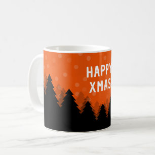 Tasse rouge Joyeux Noël avec forêt, arbres et neig