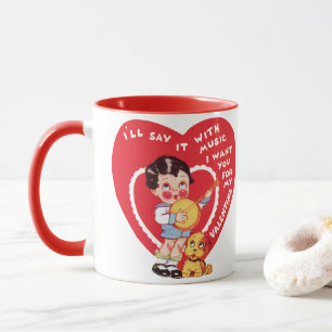 Tasse Saint-Valentin rétro, garçon jouant de la musique 
