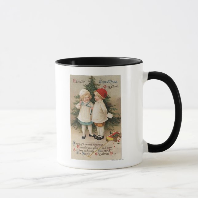 Tasse Salutation de Noël généreuseEnfants par un arbre (Droite)