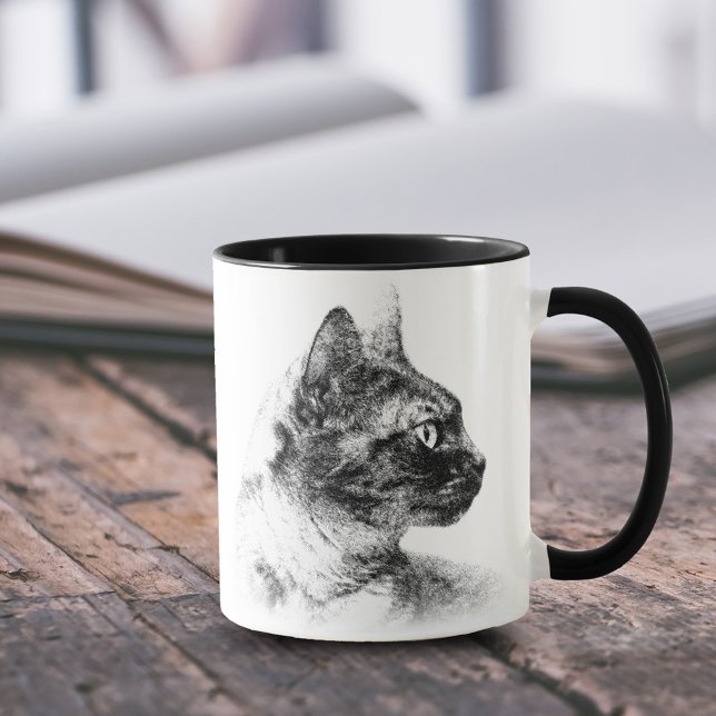 Tasse Stella le chat gris (Charcoal Profile of Stella the Grey Cat 11 oz Coffee Mug Cover Photo.)