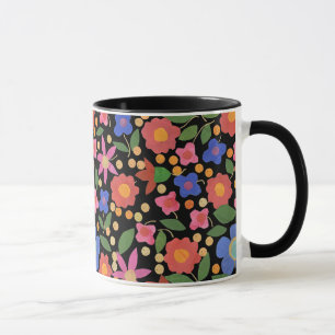 Tasse Style d'art populaire Floral sur Black Ringer Coff