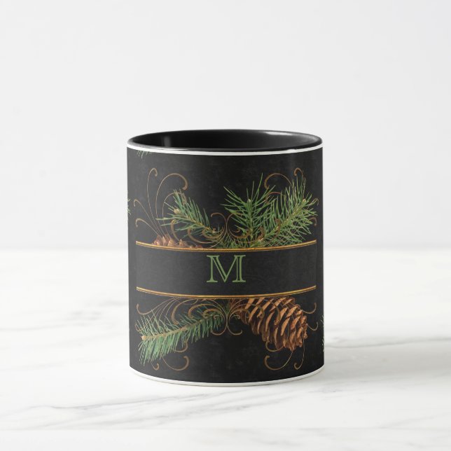 Tasse Thème Monogramme du bois de cône noir et de pin (Centre)