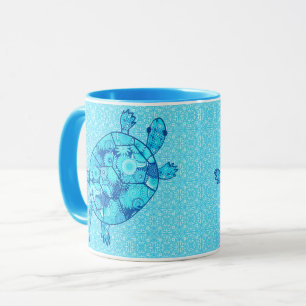 Tasse Tortue de remous de fractale - bleu de cobalt et