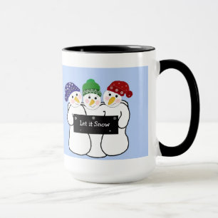 Tasse Trio de bonhommes de neige avec un panneau de neig