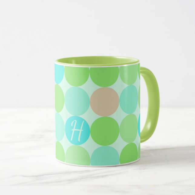 Tasse Turquoise Bleu Vert & Cercles Orange Monogramme (Devant droit)