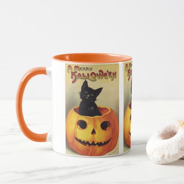 Tasse Une joyeuse Halloween par Ellen Clapsaddle, Chat V (Avec donut)