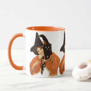 Tasse Vintage Beautiful Witch with Black Cat On Shoulder