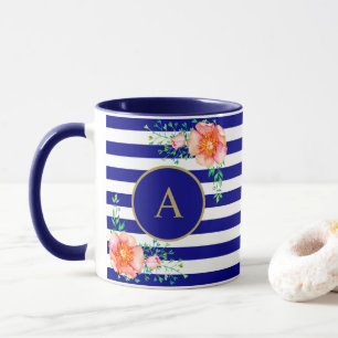 Tasse Vintage Floral or Monogramme Marine Blanc rayé