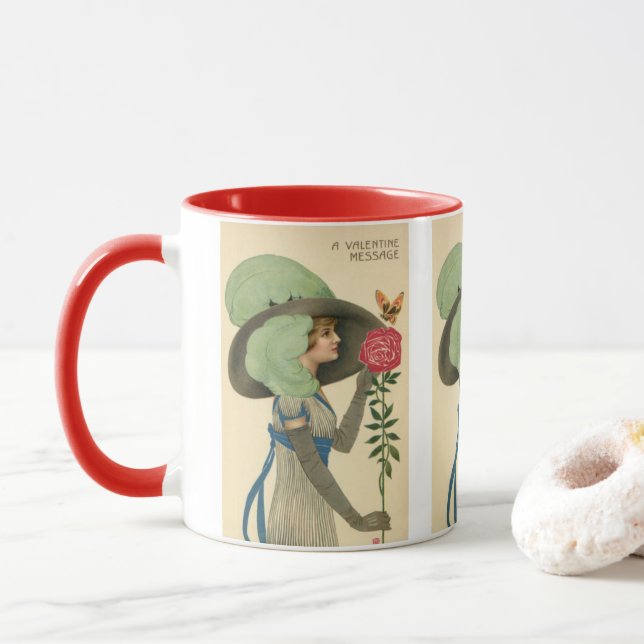 Tasse Vintage Valentine's Day, Lady Red Rose Butterfly (Avec donut)