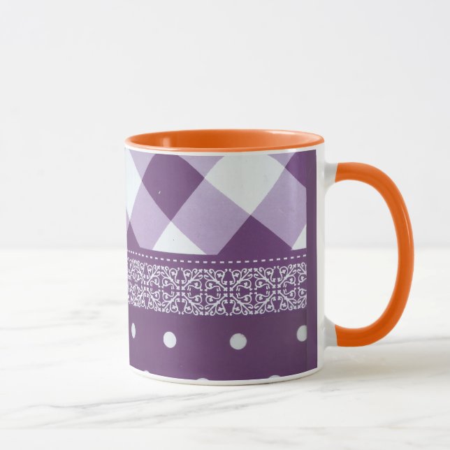 Tasse Violet blanc À damiers Polka Dot Floral Damask Art (Droite)