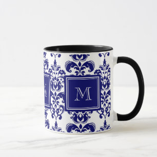 Tasse Votre monogramme, Modèle bleu de Damas de marine 