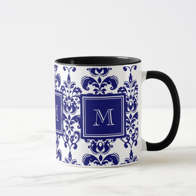 Tasse Votre monogramme, Modèle bleu de Damas de marine 2 (Droite)