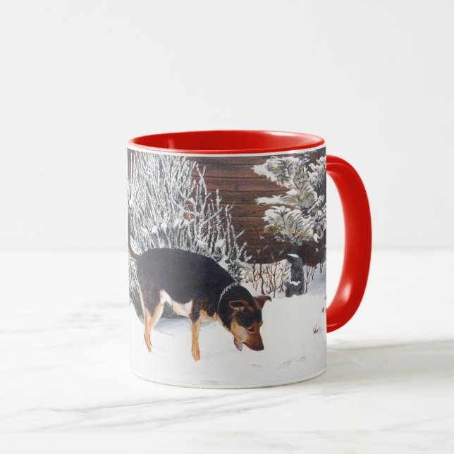 Tasse Winter snow scene with cute black and tan dog (Devant droit)