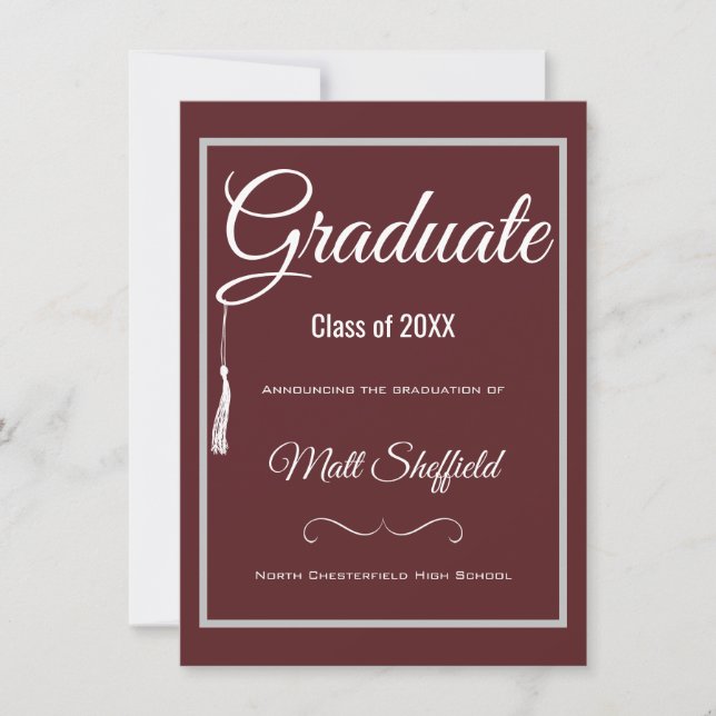 Tassel Graduation Announcement Grey and Maroon (Front)