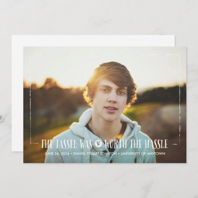 Tassel mérite le Hassle dans White Grad Faire-part (Devant / Derrière)