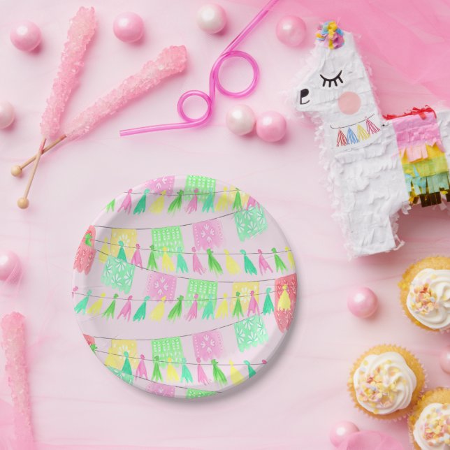 Tassel Papel Picado Pink Green Fiesta Paper Plates (Party)