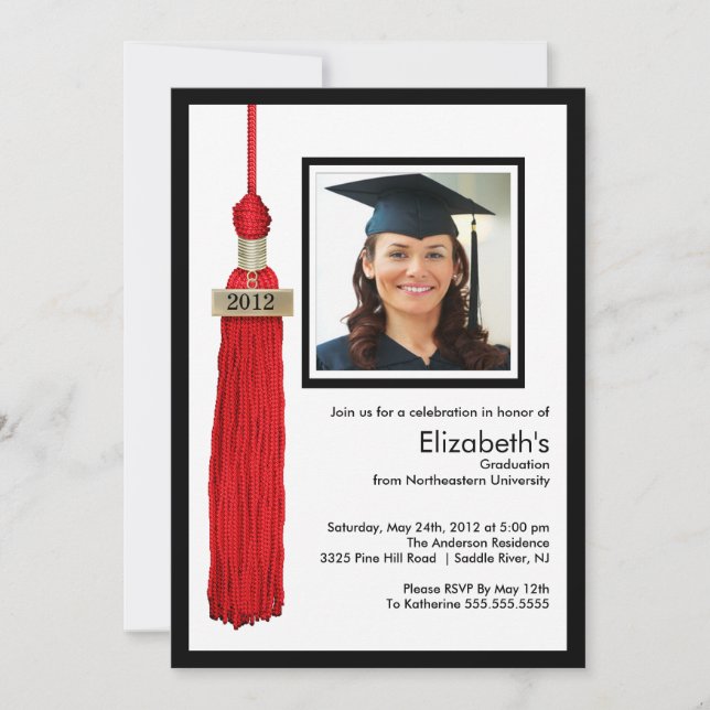 Tassel Photo Graduation Invitation Red & White (Front)