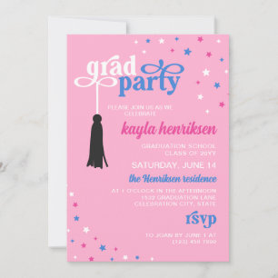 Tassel & Stars Pink Blue Retro Script Grad Party Invitation