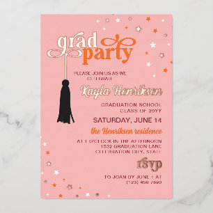 Tassel & Stars Pink Retro Script Grad Party Gold