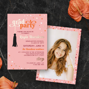 Tassel & Stars Pink Retro Script Grad Party Gold