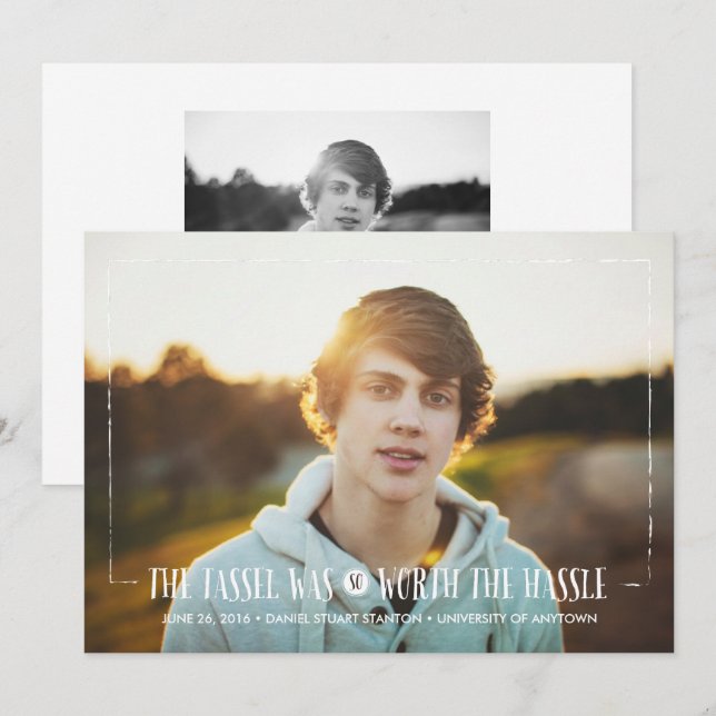 Tassel worth the Hassle in White Grad Announcement (Front/Back)