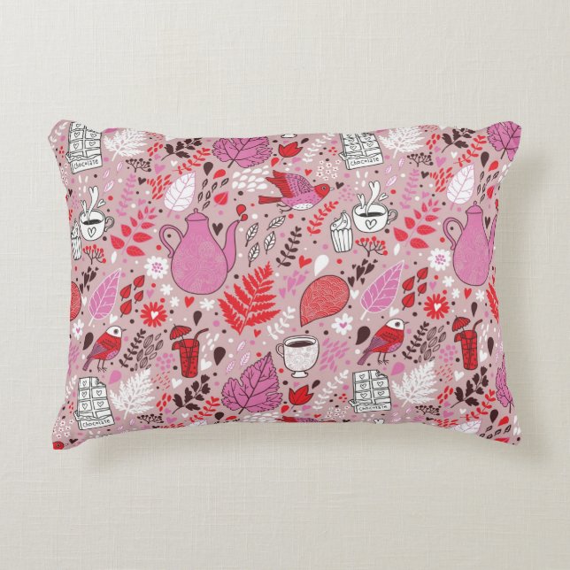 Tasty pattern with birds and flowers accent pillow (Front)