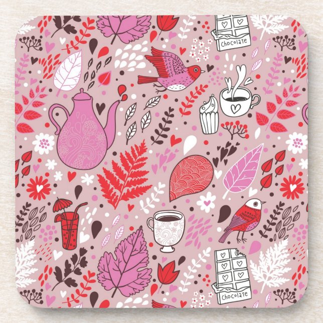 Tasty pattern with birds and flowers coaster (Front)