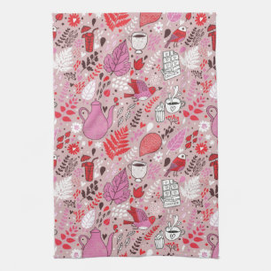 Tasty pattern with birds and flowers kitchen towel