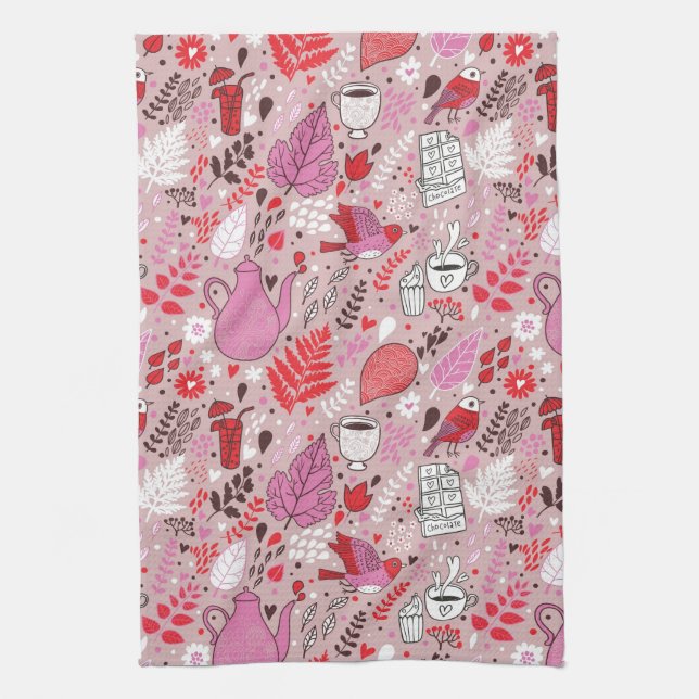 Tasty pattern with birds and flowers kitchen towel (Vertical)
